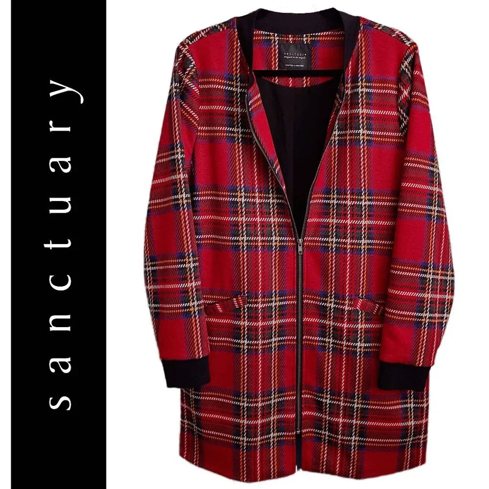 SANCTUARY ~ Red Plaid CITY Longline Bomber Jacket ~ XL (JR) | L (W) - Picture 12 of 12